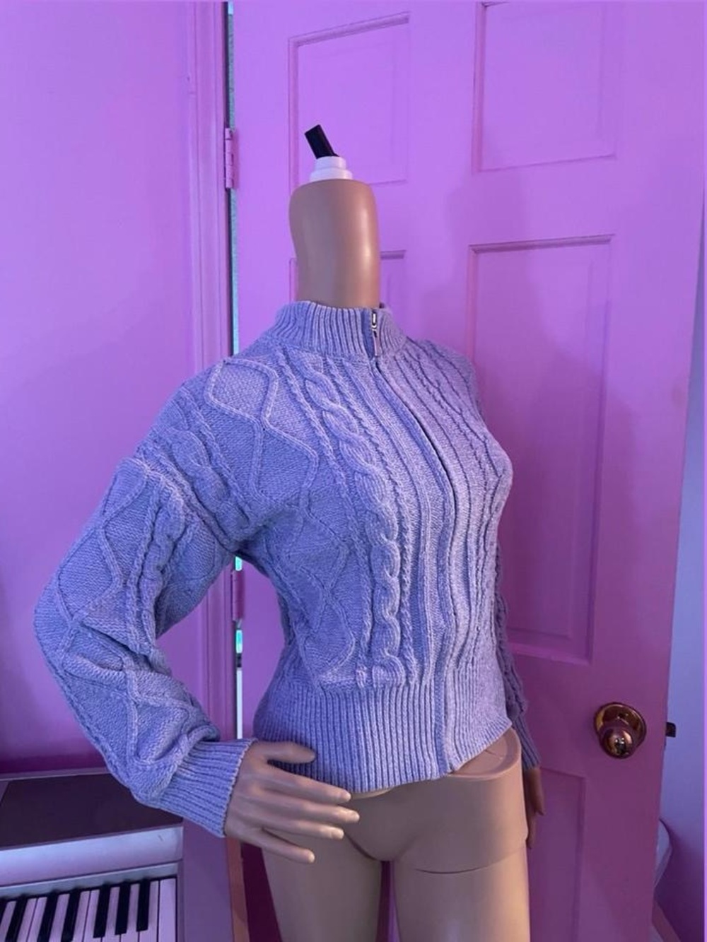 light blue chunky knit zip sweater jacket